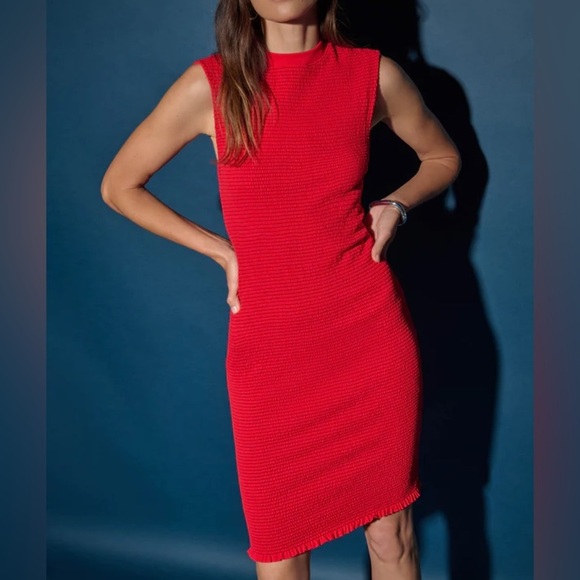 Nation LTD Dresses & Skirts - Nation LTD Sarabell Smocked Midi Dress Red Textured Bodycon Minimalist Chic